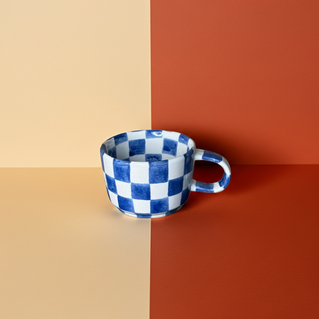 Ceramic Coffee Cup - Blue Check