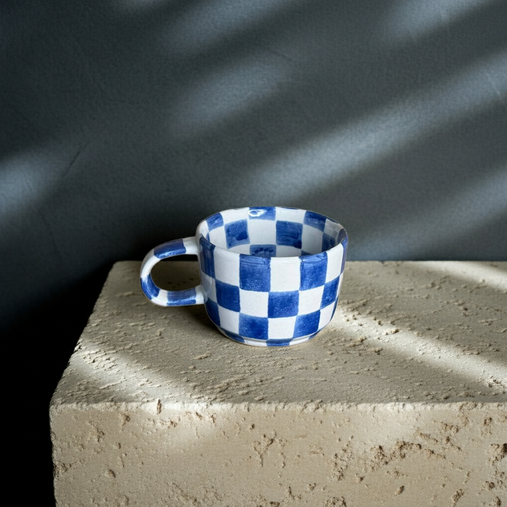 Ceramic Coffee Cup - Blue Check
