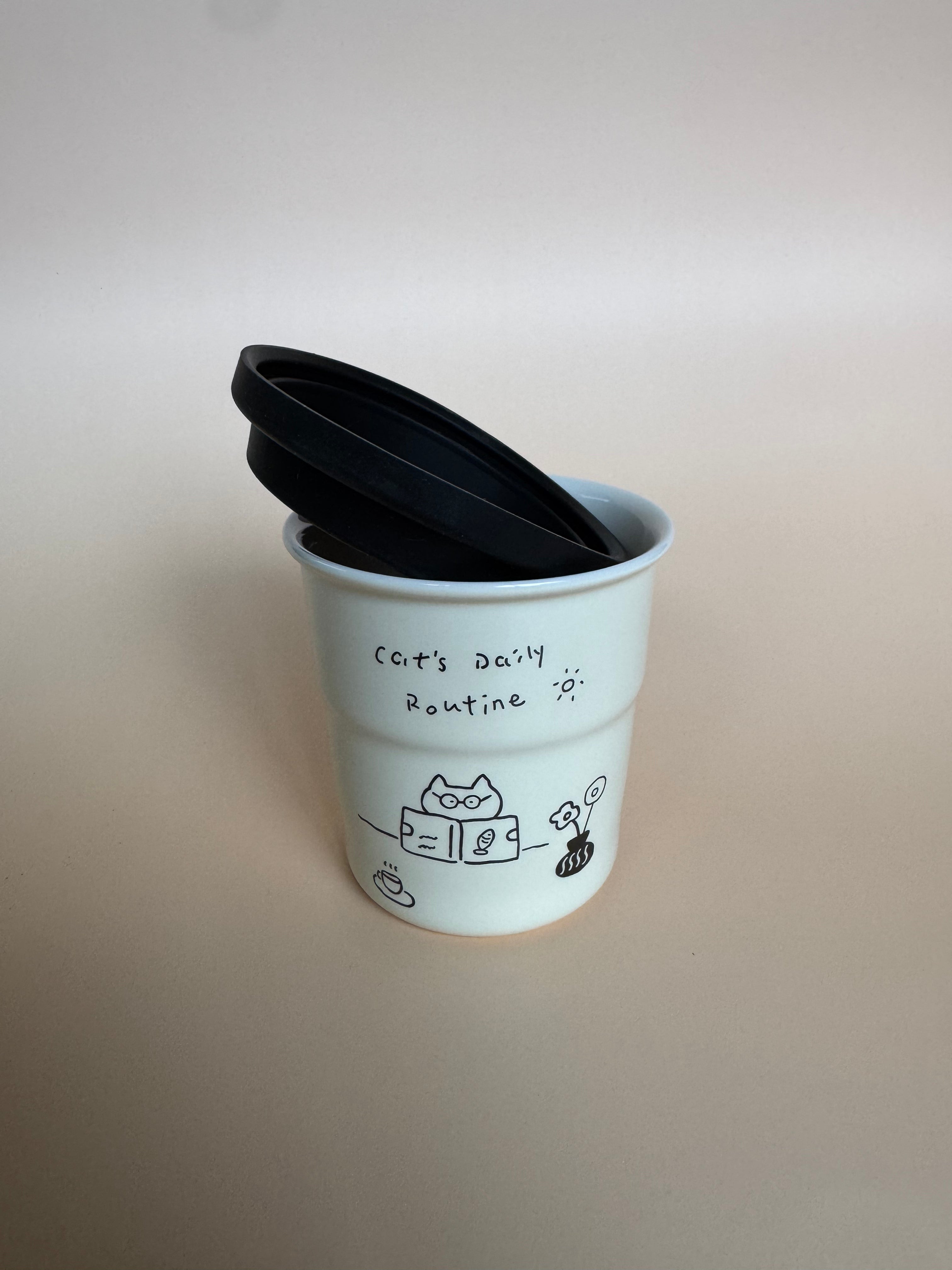 Cat’s Daily Routine Ceramic Cup – 250ml with Lid