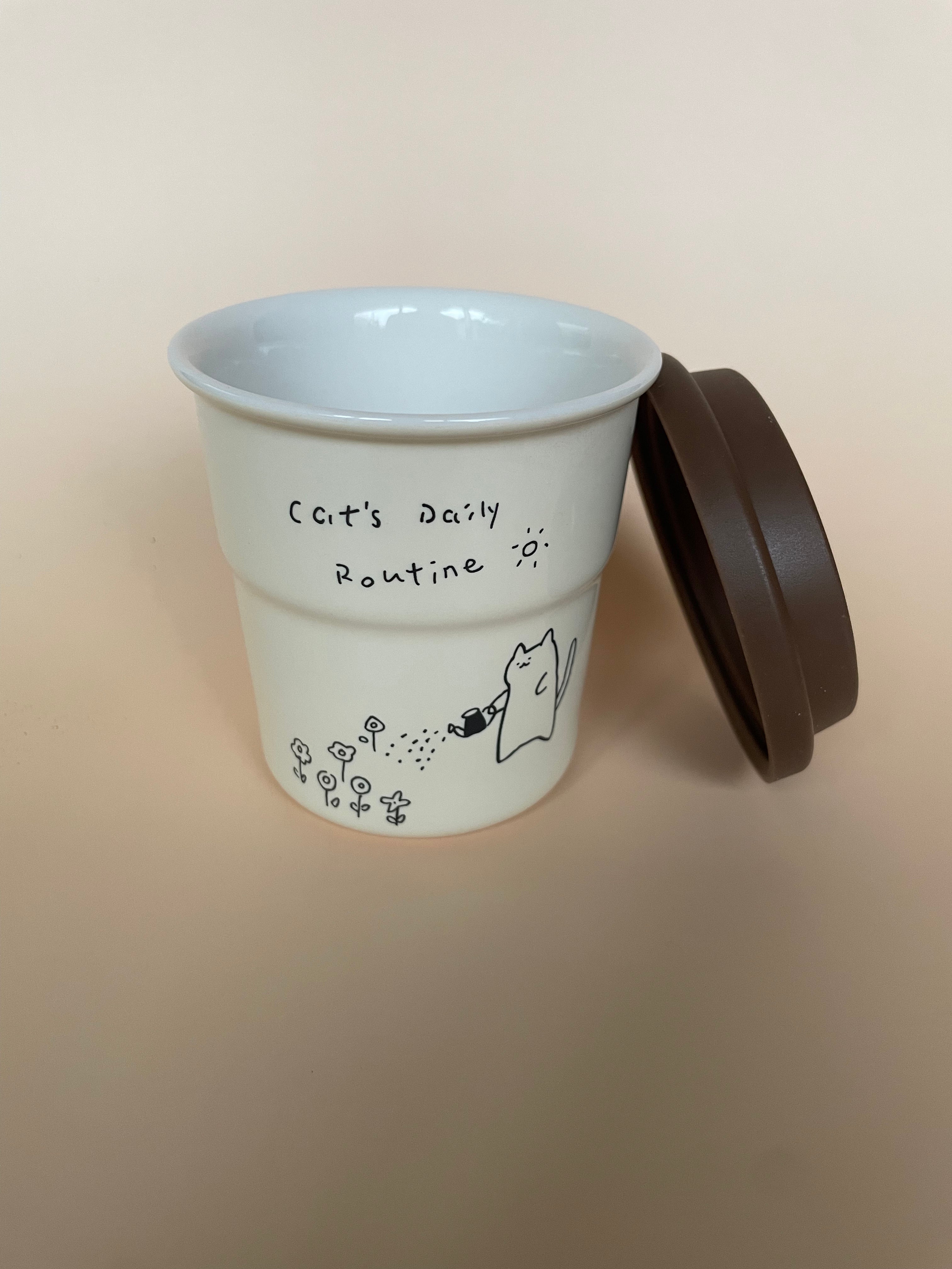 Cat’s Daily Routine Ceramic Cup – 250ml with Lid