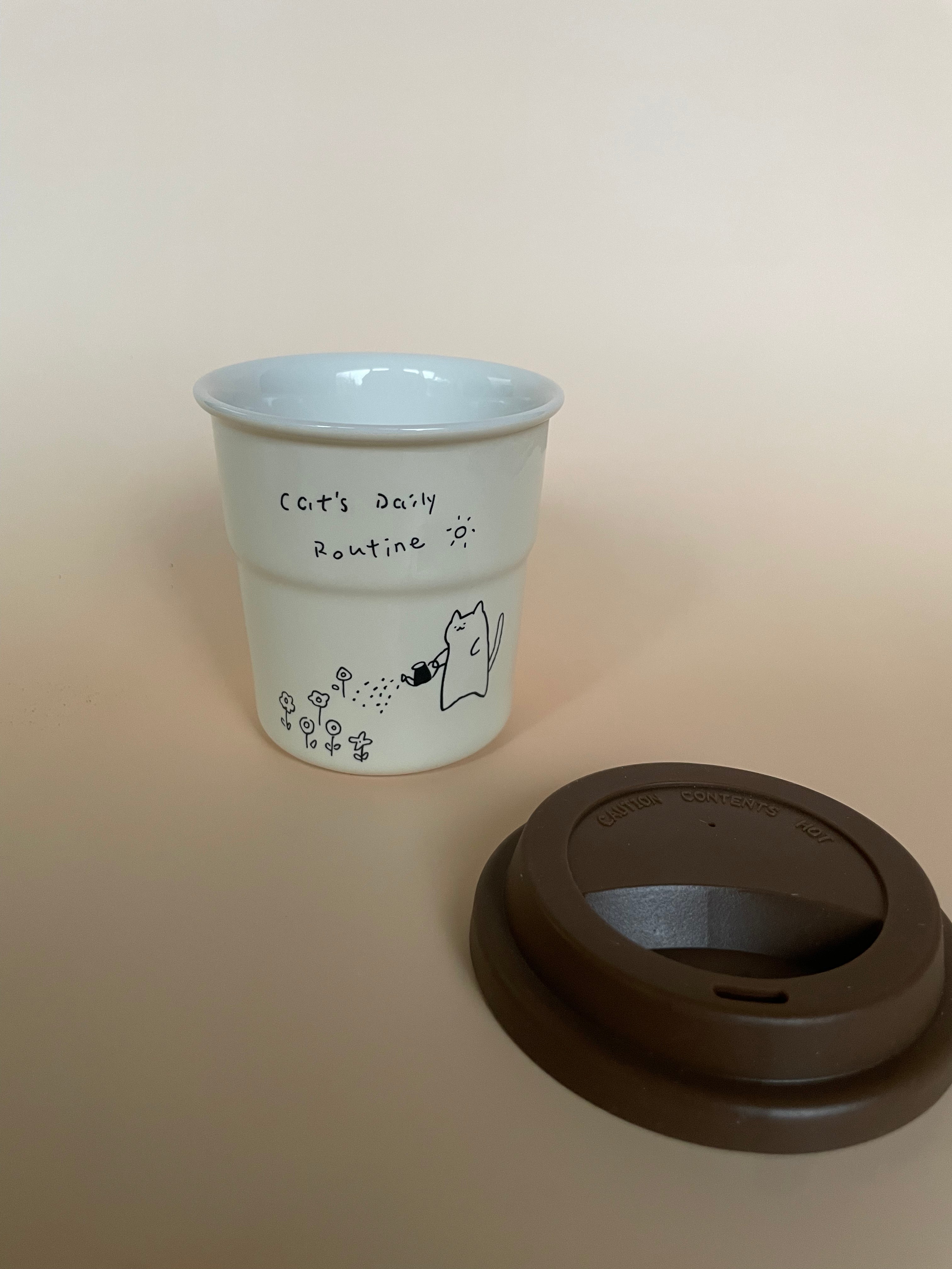 Cat’s Daily Routine Ceramic Cup – 250ml with Lid
