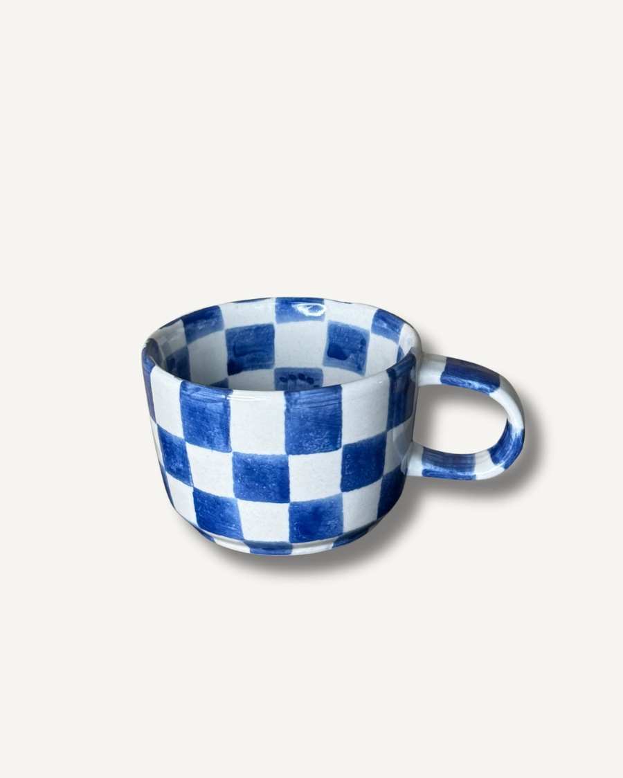 Ceramic Coffee Cup - Blue Check